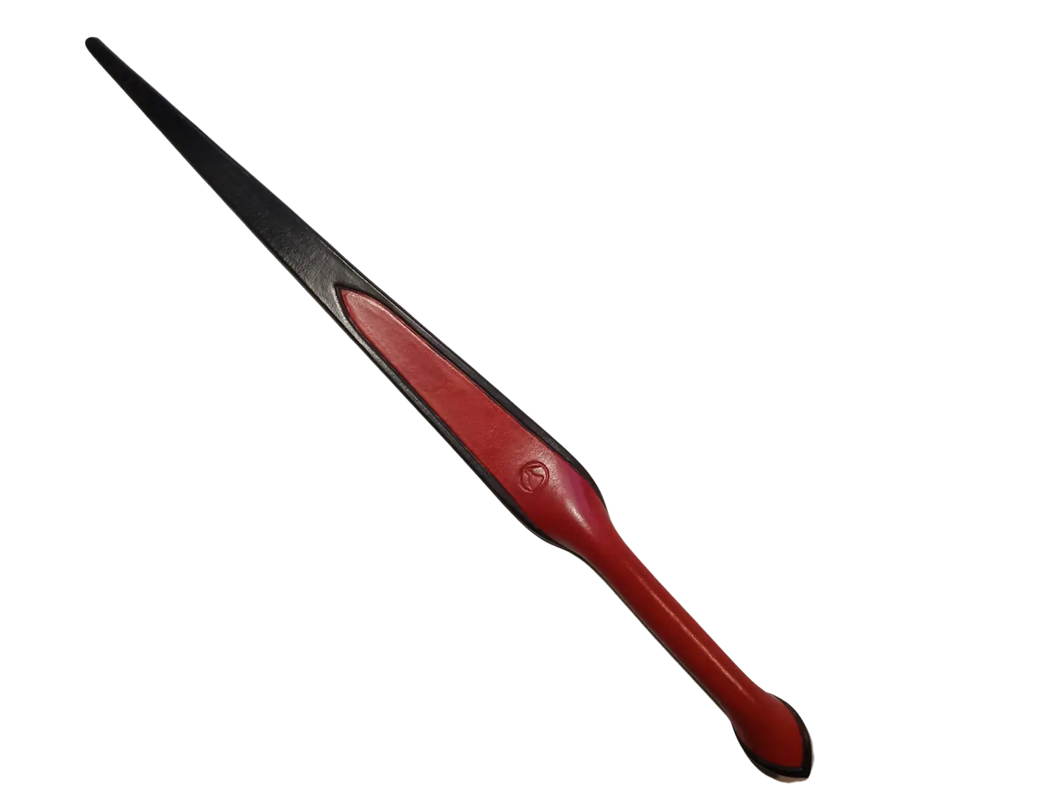 Spankingový příbor - nůž. Plácačka ze silné hovězí kůže ručně barvená a šitá. Cena 3000 Kč