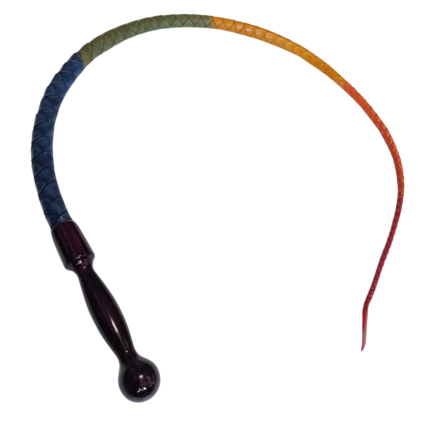 Krátký duhový bič z ručně barvené kůže ve fialové dřevěné rukojeti. Cena 3400 Kč